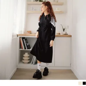 ELASTIC WAIST A-LINE HOODED LONG SLEEVE MAXI DRESS