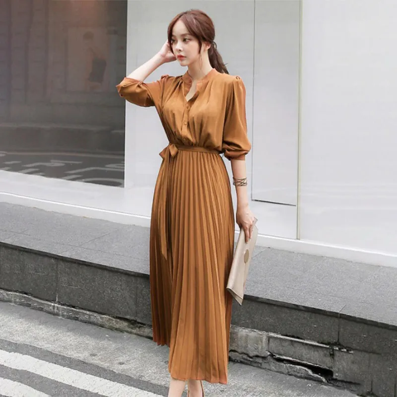 Elegant Chiffon Long Sleeve Lace-up Pleated Maxi Dresses