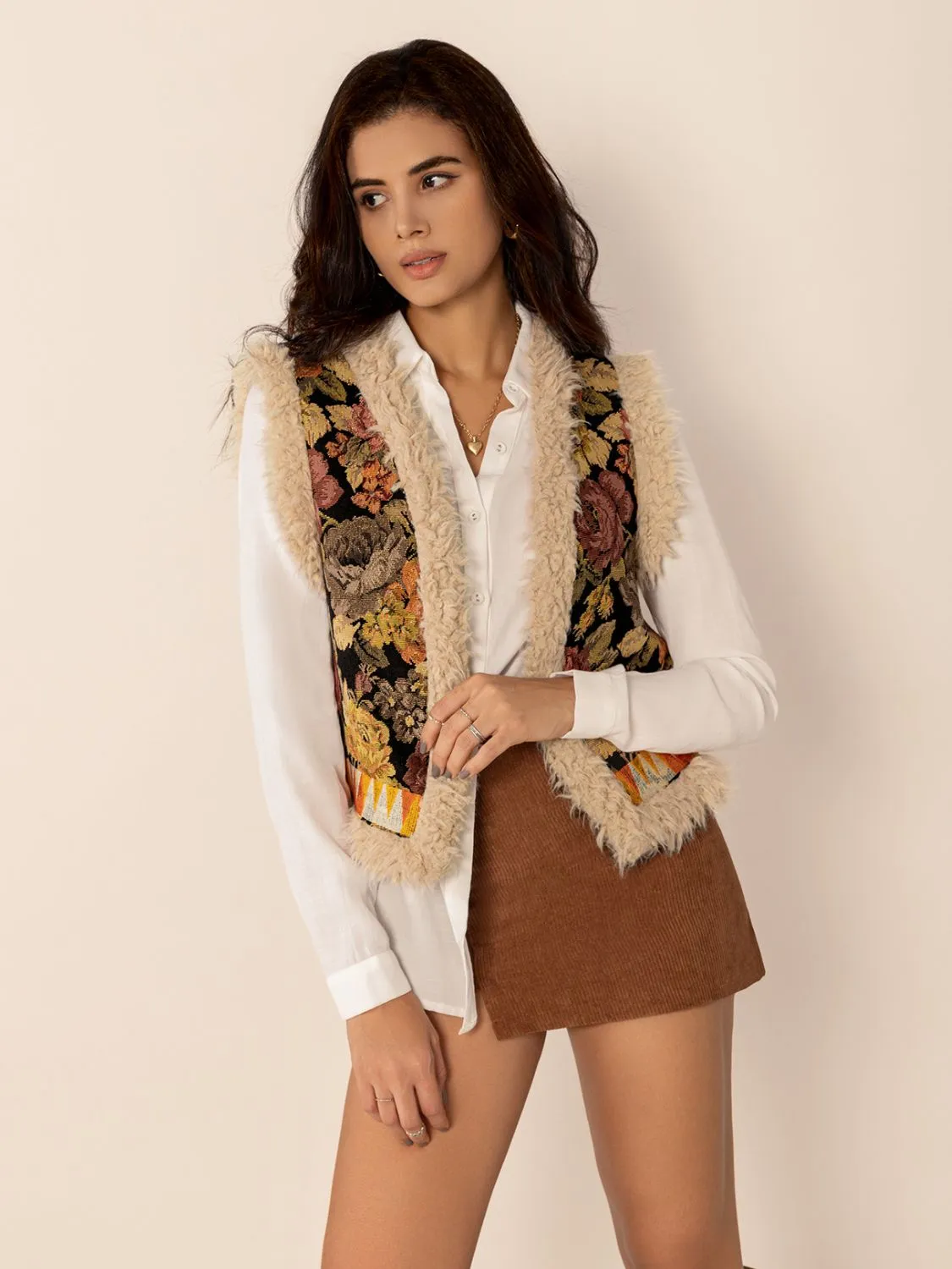 Embroidered Fuzzy Trim Open Front Vest Coat