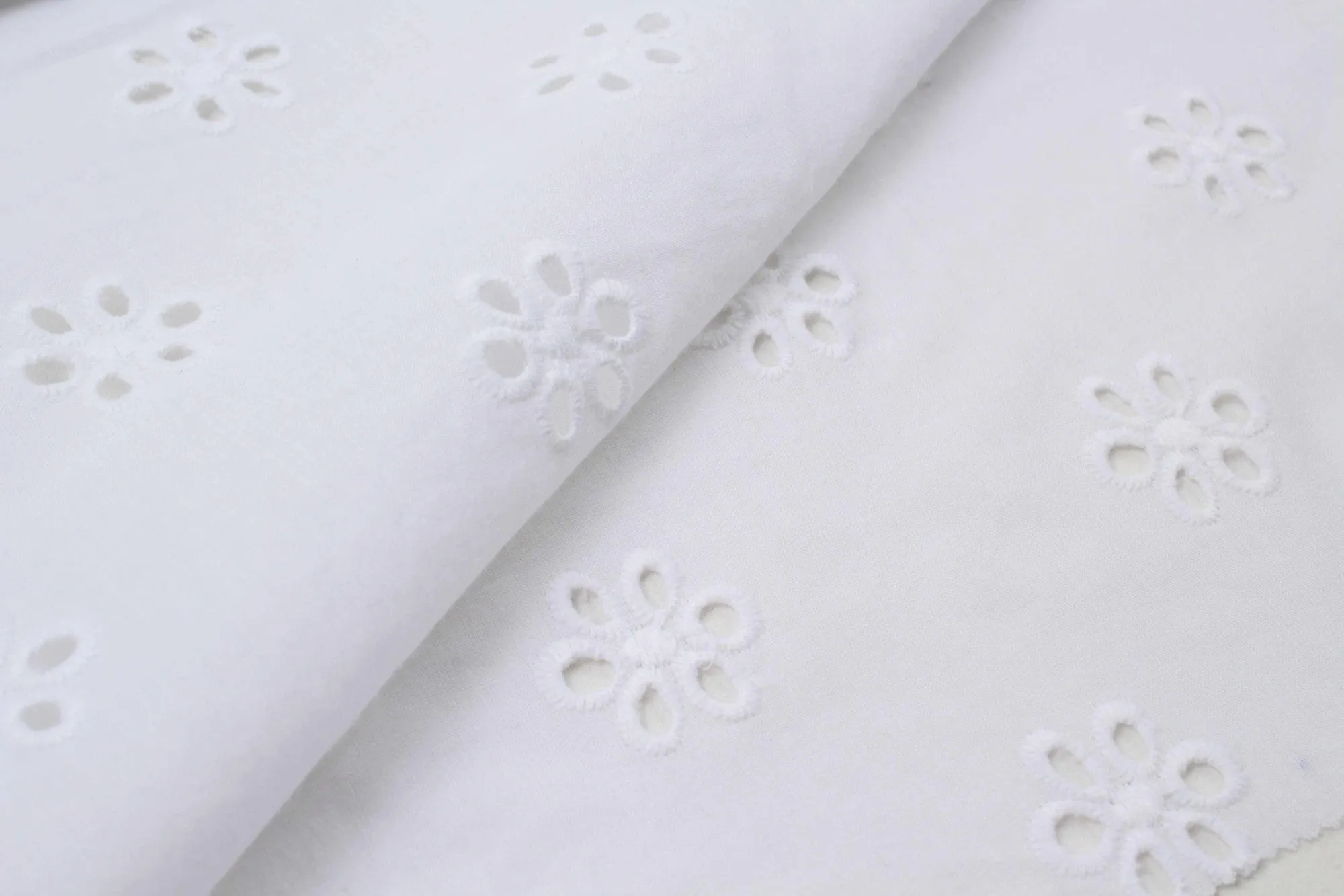 English Embroidery on Cotton Poplin - Floral Designs (Optical White)