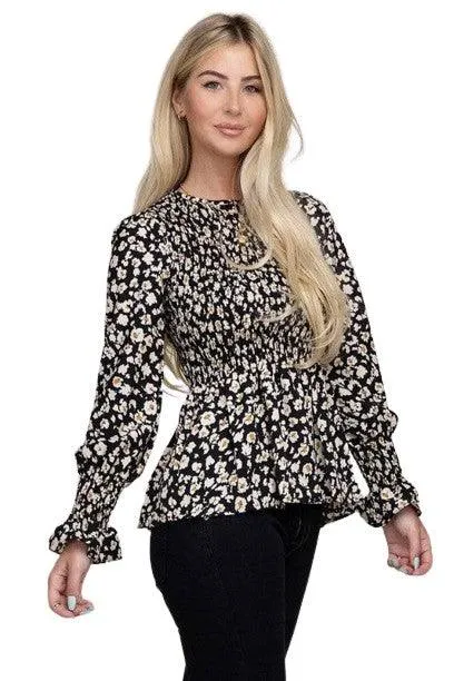 Floral print shirred peplum blouse