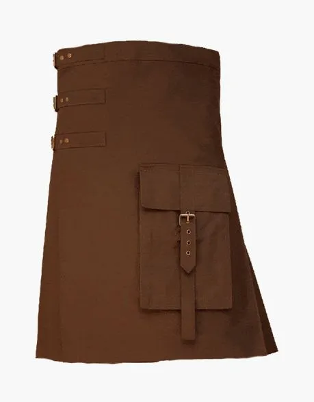 Front pocket and utility kilt in brown color