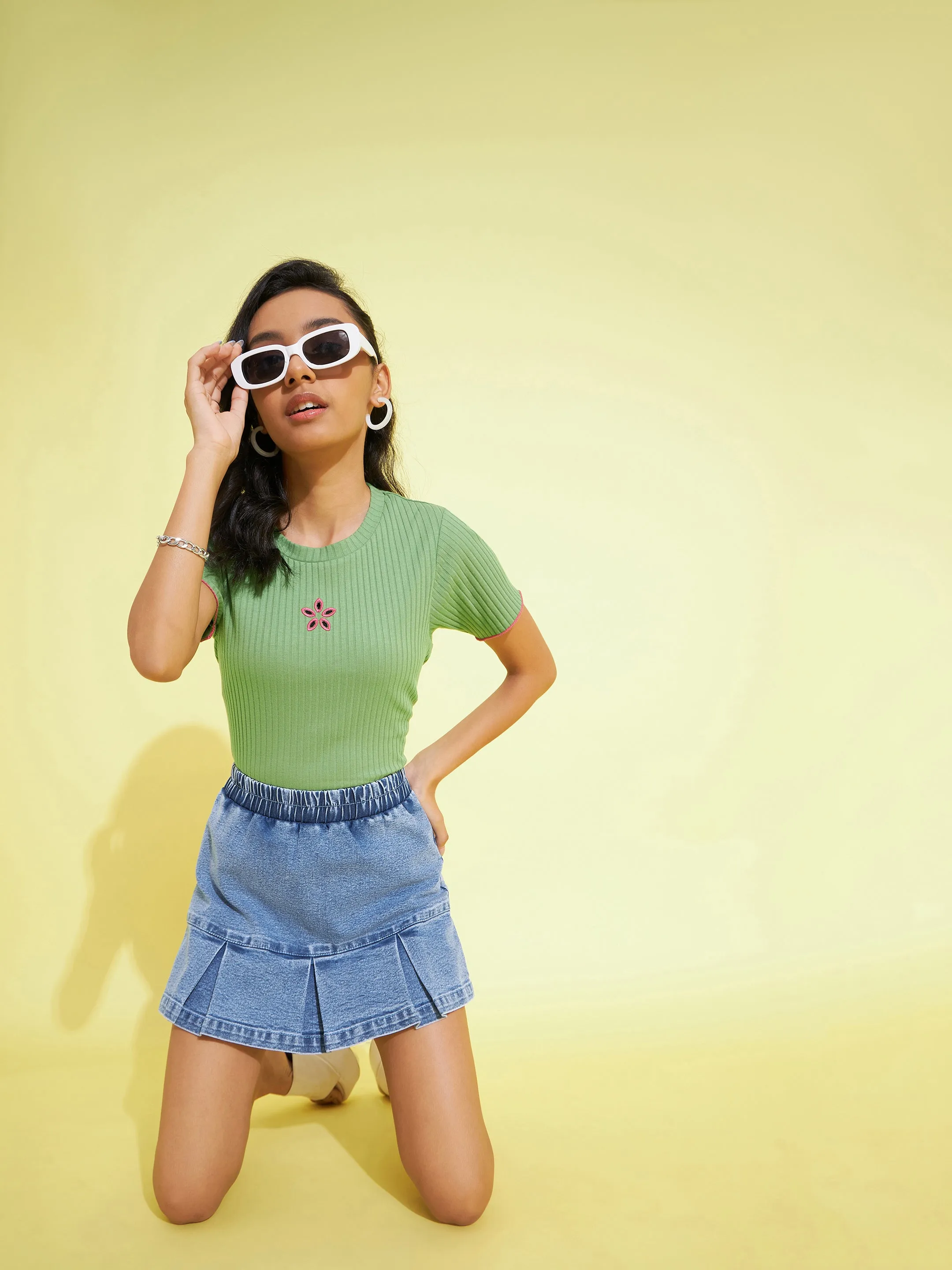 Girls Blue Acid Wash Denim Hem Pleated Skorts