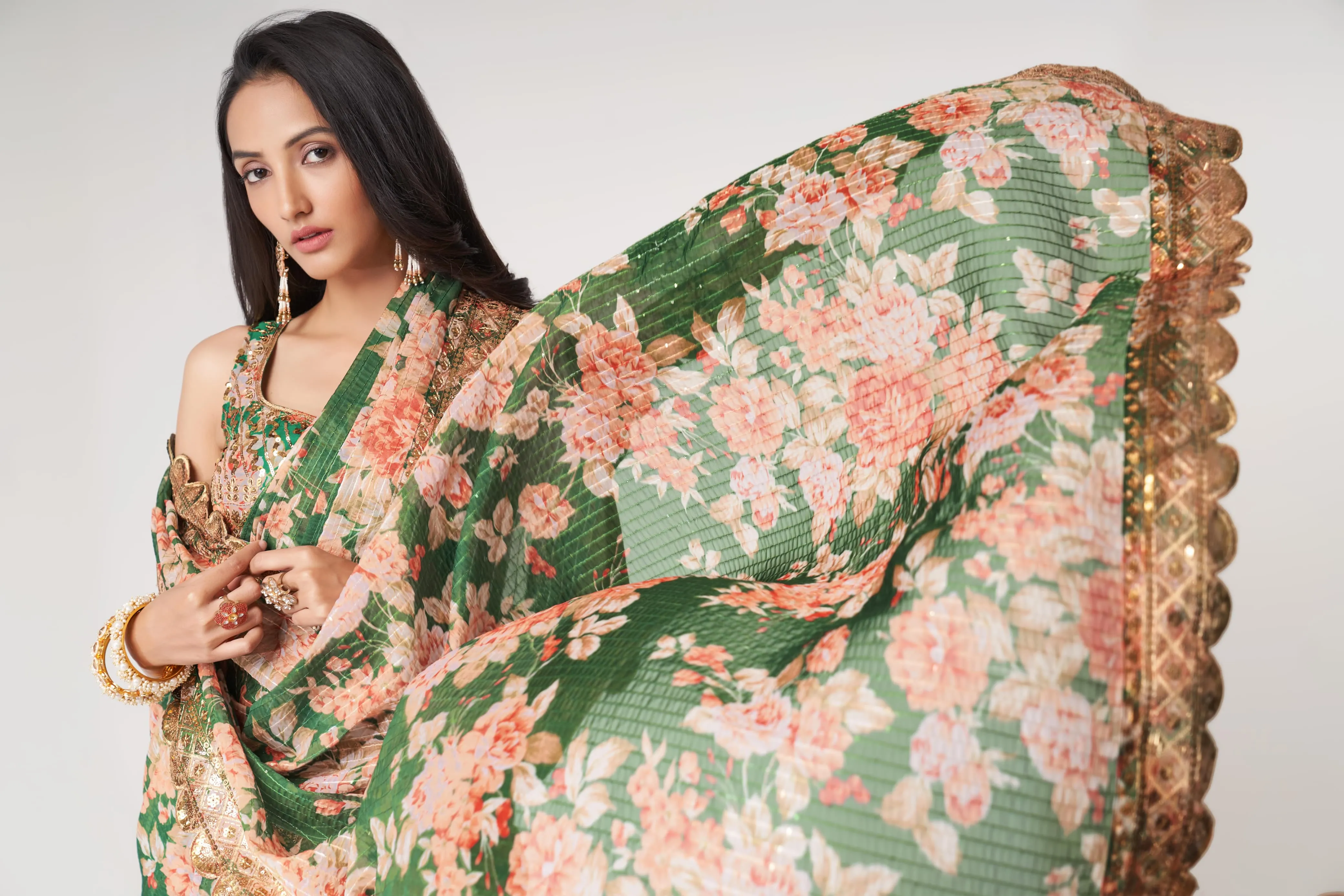 Green Organza Floral Print Saree with Blouse