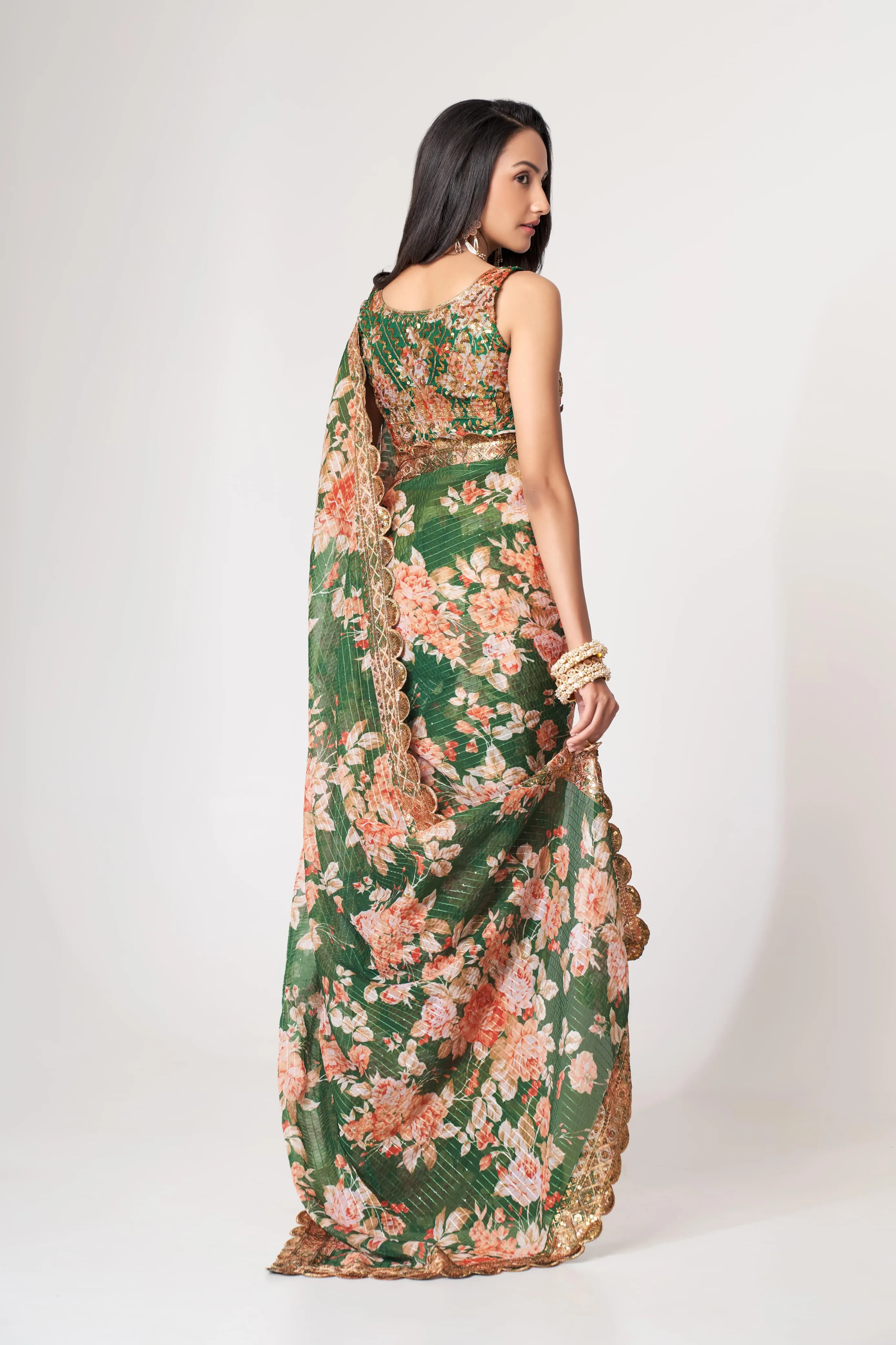 Green Organza Floral Print Saree with Blouse