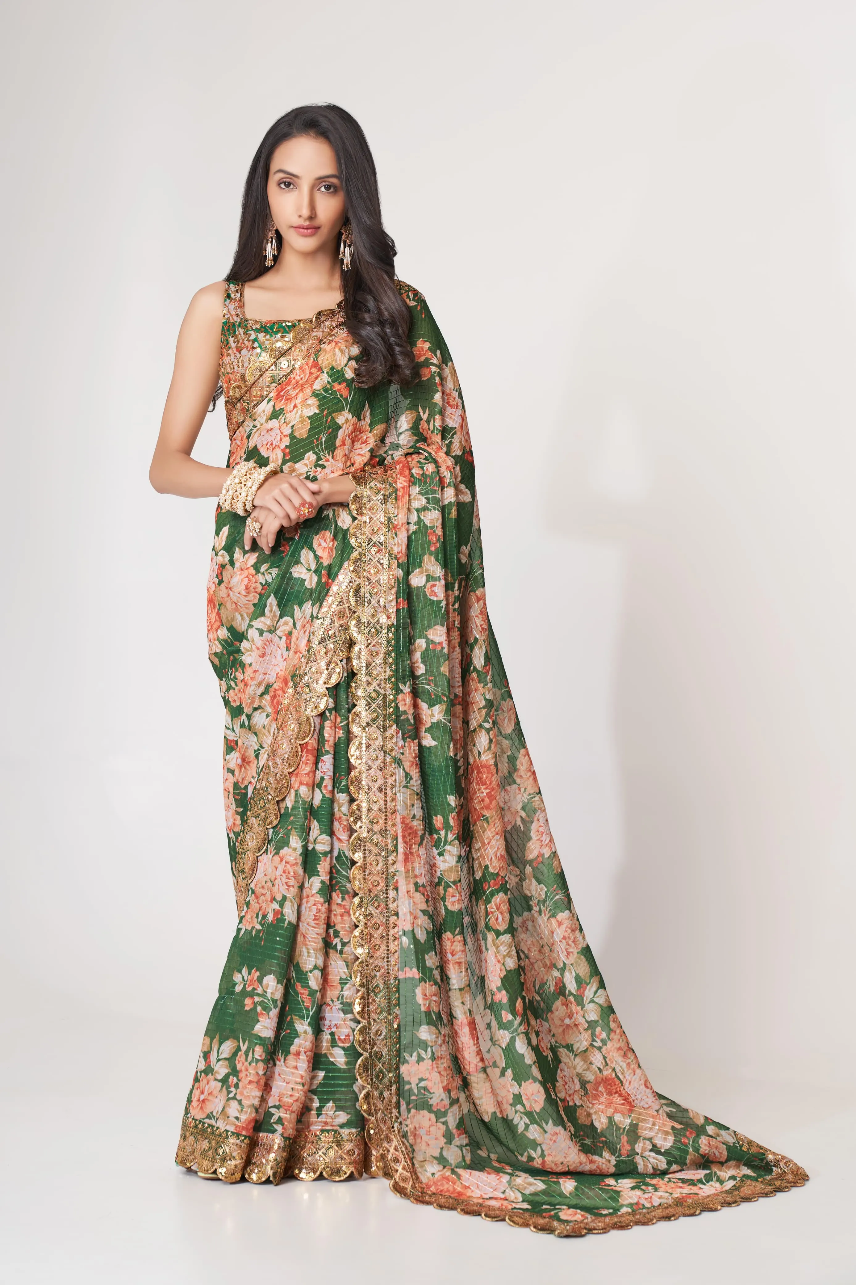 Green Organza Floral Print Saree with Blouse