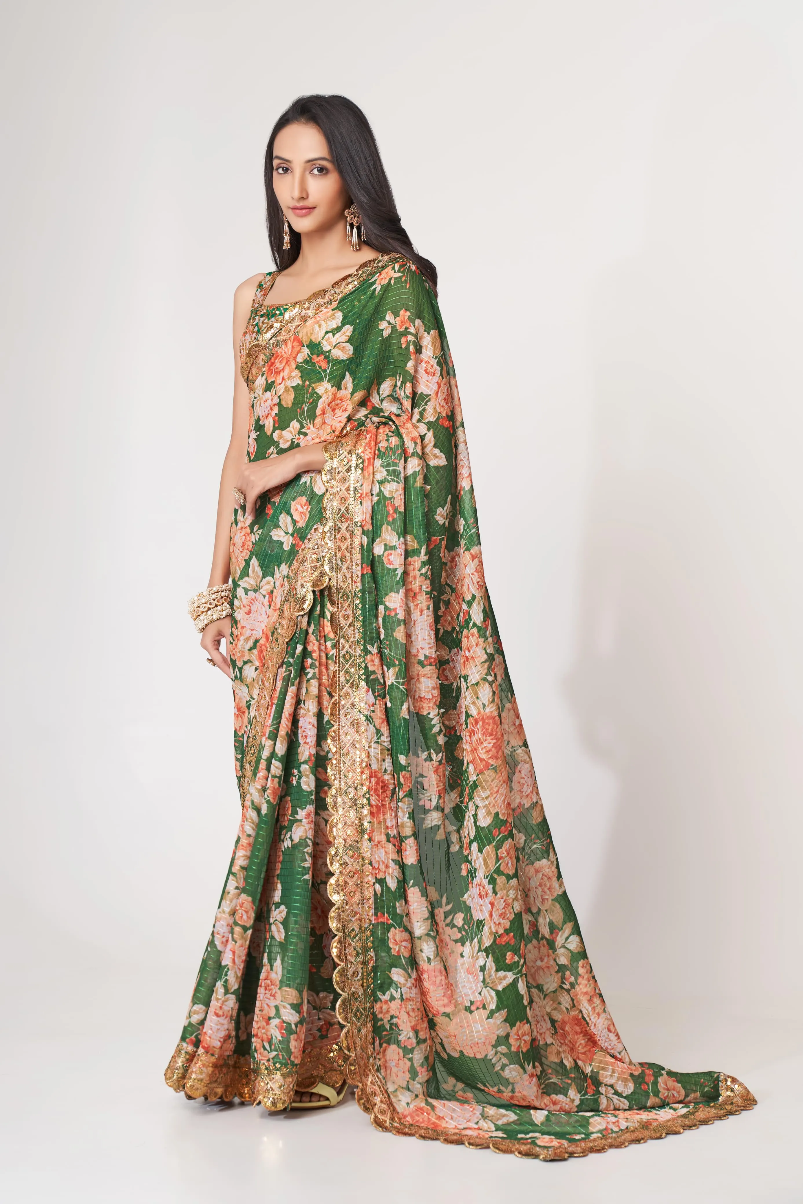 Green Organza Floral Print Saree with Blouse