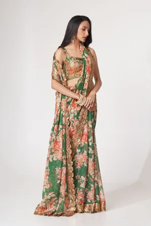 Green Organza Floral Print Saree with Blouse