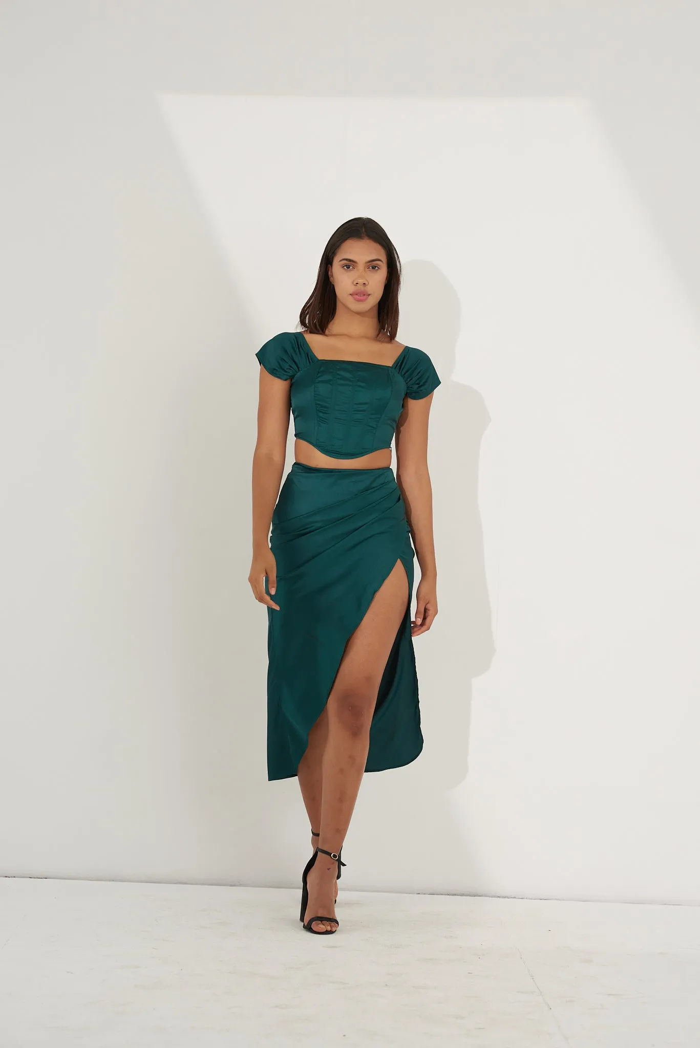 Green Satin corset top with pleated skirt with Regular fit