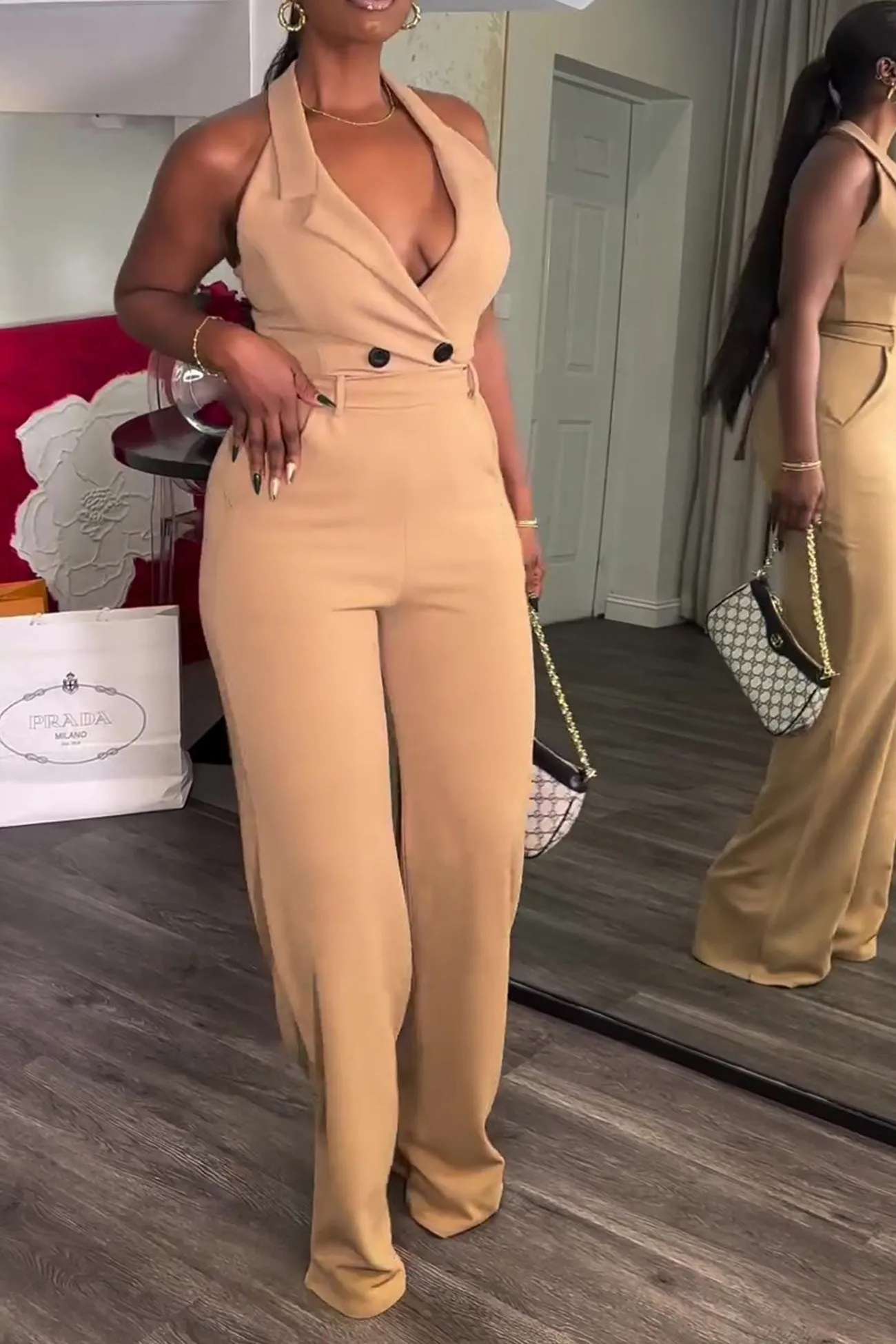 Halter Lapel Strappy Jumpsuits