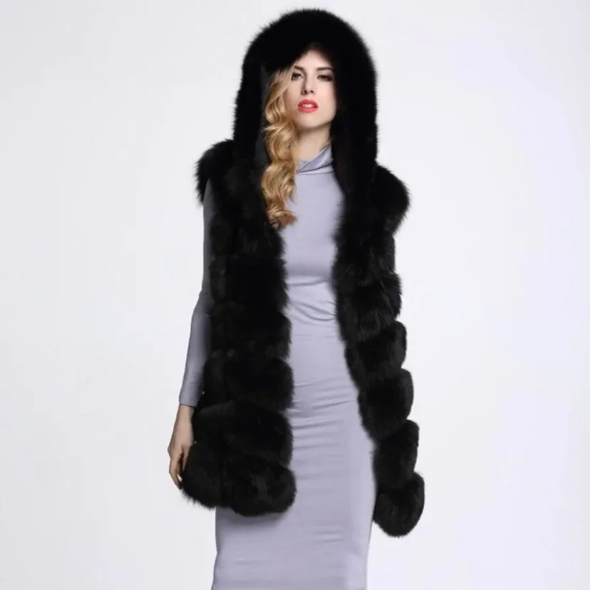 Hooded 7 Row Panelled Faux Fur Gilet