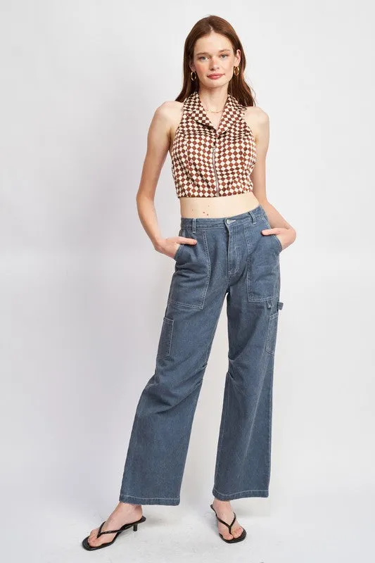 Hot Girl Checkered Zippered Front Cropped Halter Top