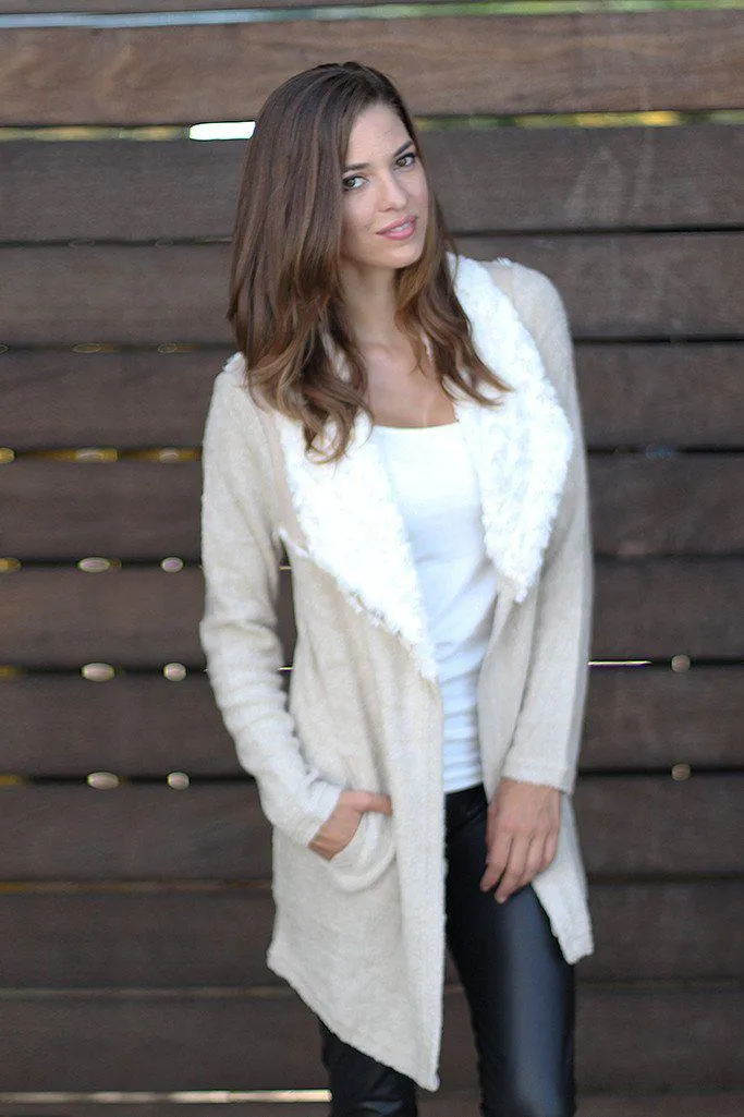 Ivory Faux Fur Cardigan With Pockets