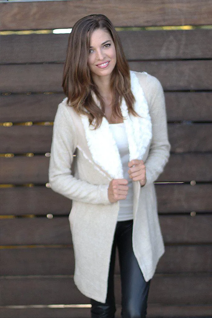 Ivory Faux Fur Cardigan With Pockets