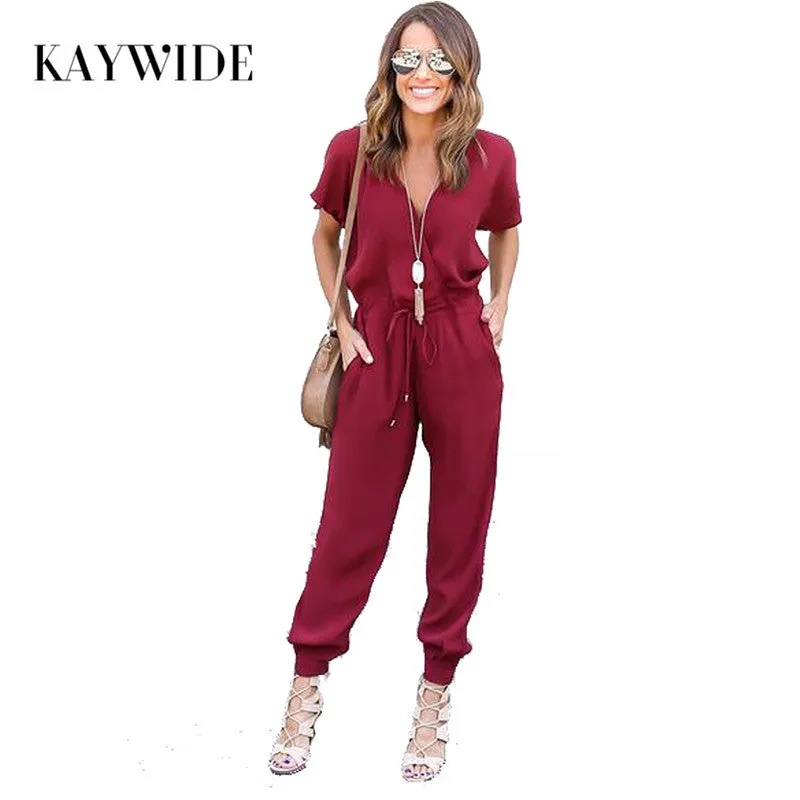 Kaywide Sexy V Neck Pleated Waist Pocket Rompers Womens Jumpsuit Loose Cross Overalls Black Red Short Sleeve Playsuit