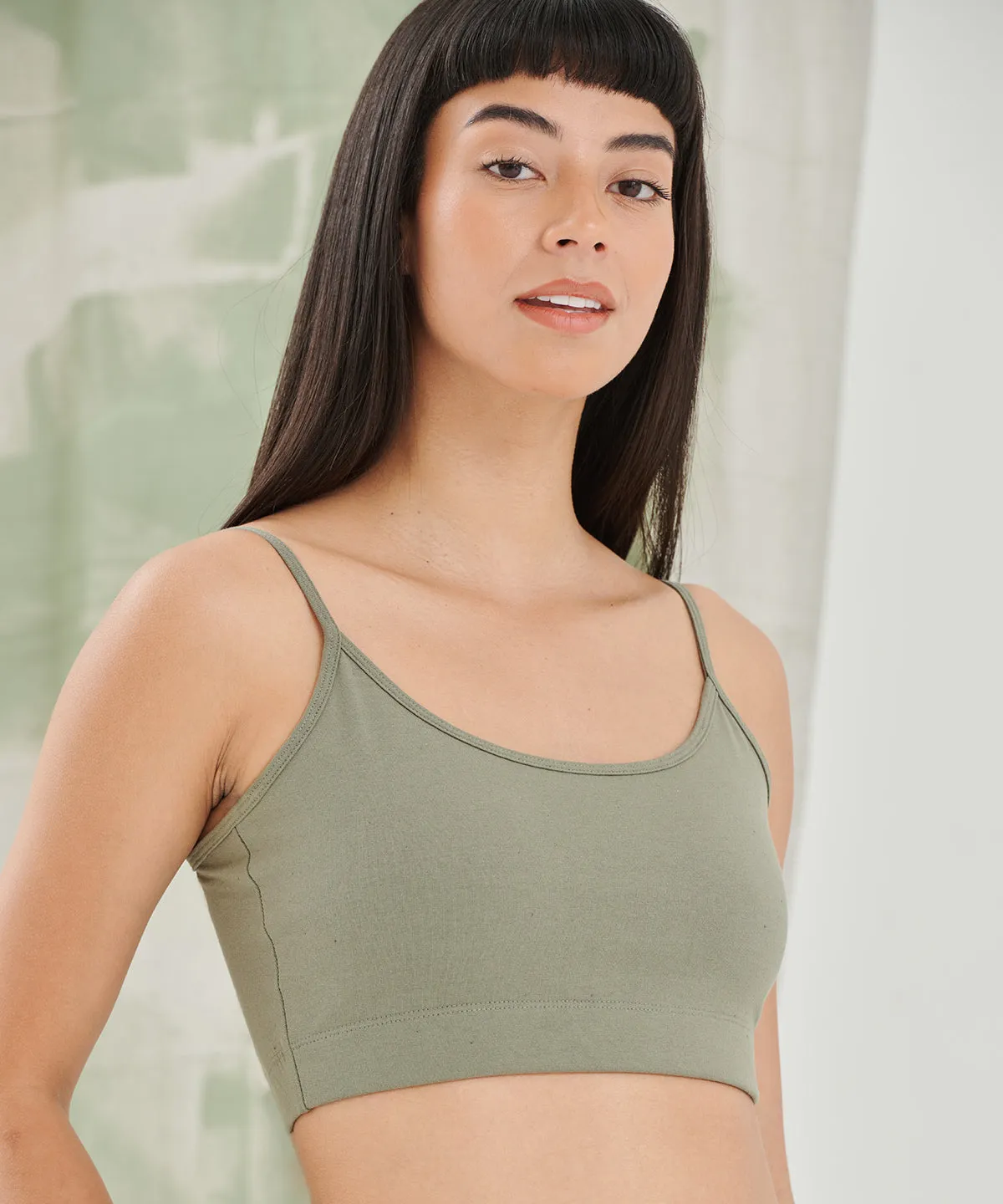 Khaki - Women's sustainable fashion cropped cami top with adjustable straps