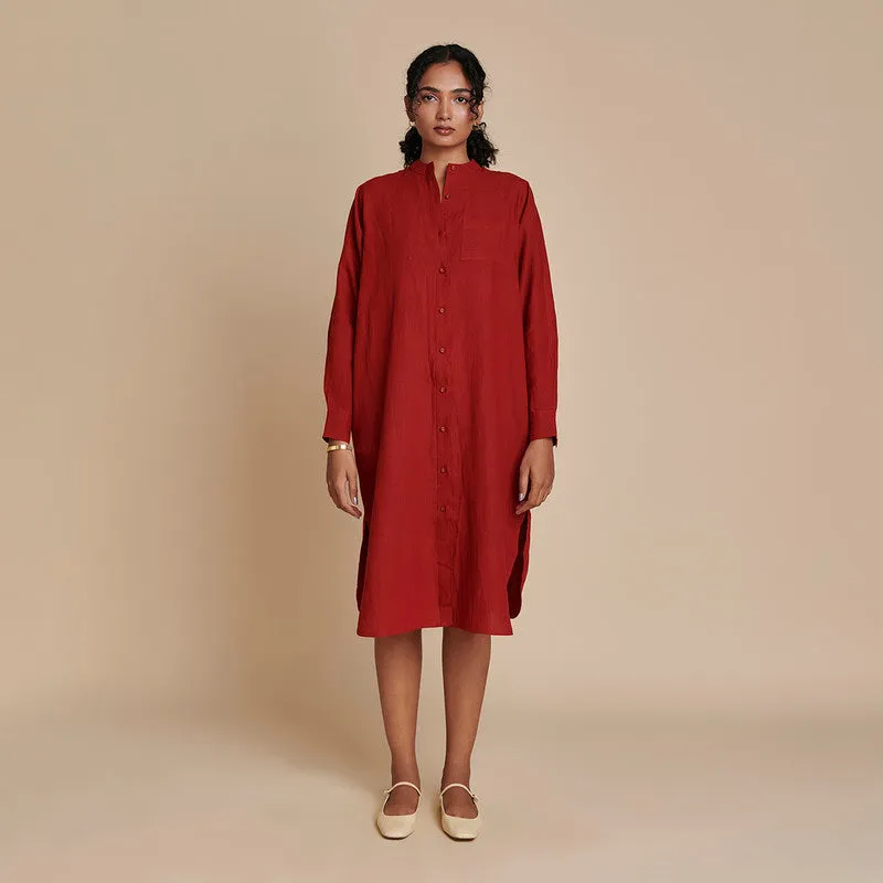 Linen Shirt Dress for Women | Red | Full Sleeves