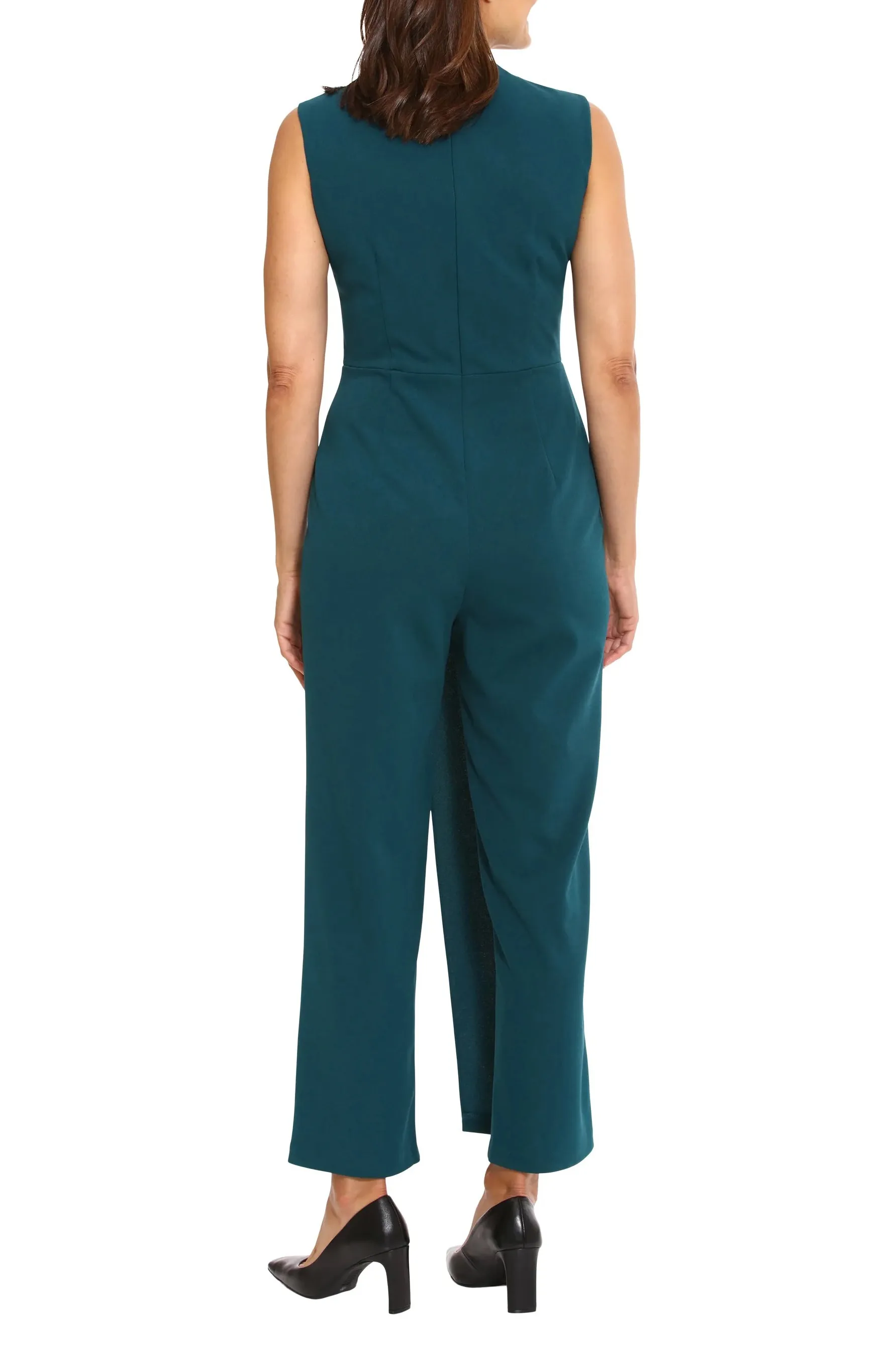 London Times V-neck sleeveless zipper closure pleated front straight pant scuba crepe jumpsuit