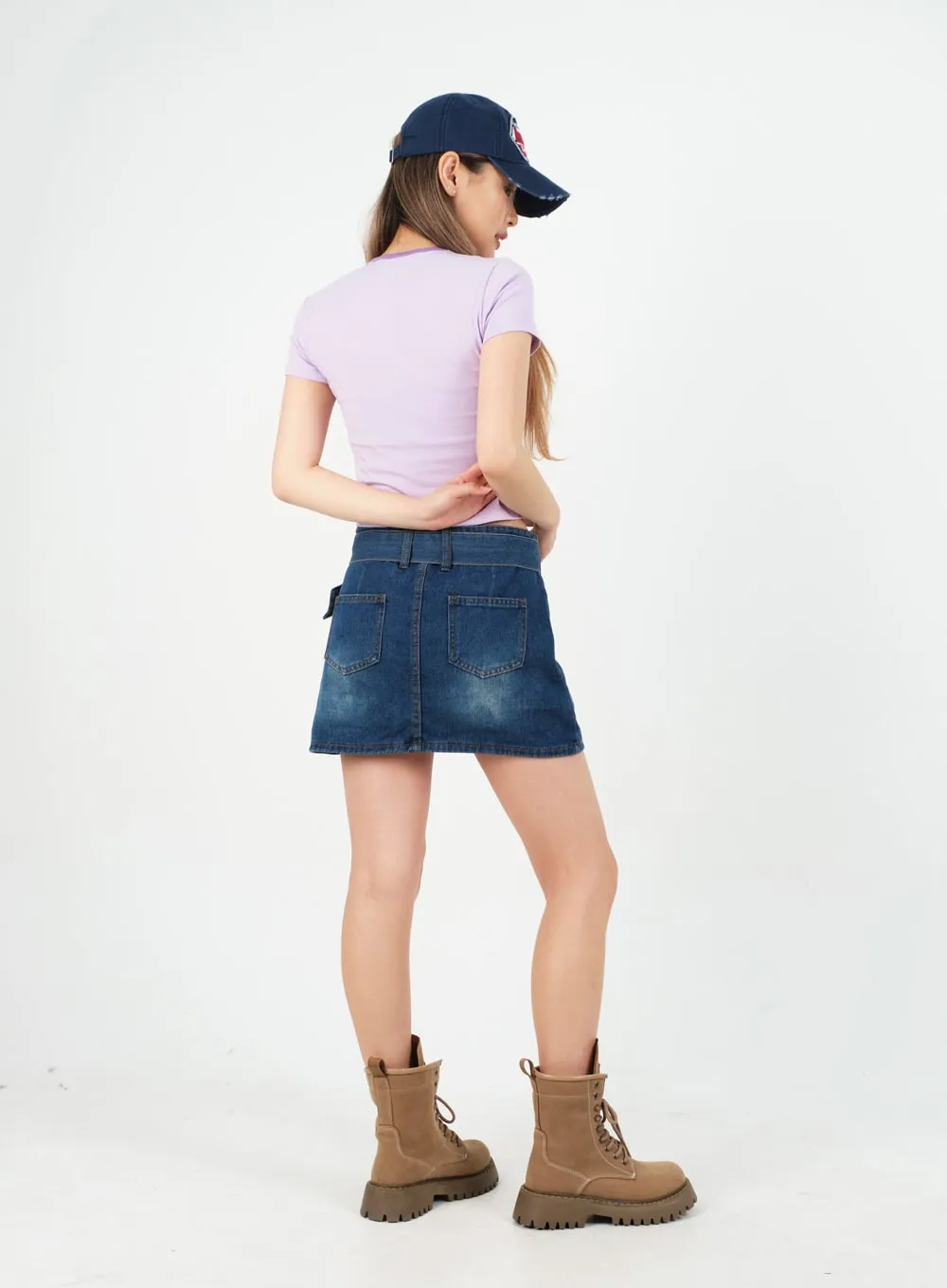 Low-Rise Bleached Denim Skorts and Belt Set CM02