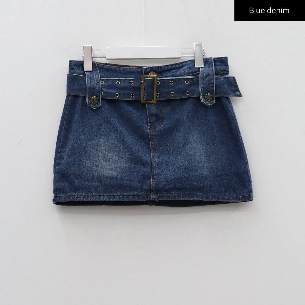 Low-Rise Bleached Denim Skorts and Belt Set CM02