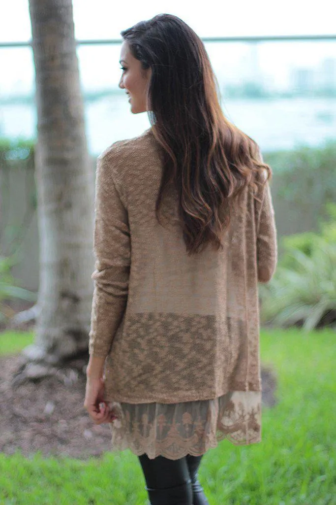 Mocha Cardigan with Lace Trim