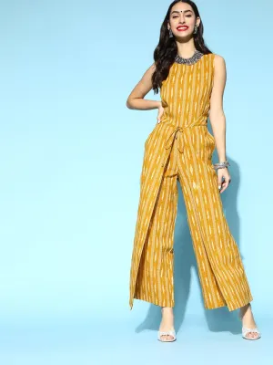 Mustard Ikat Print Cotton Slub Jumsuit