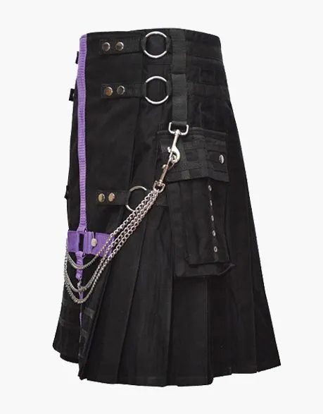 NEW FASHION HYBRID TWO-TONE UTILITY KILT IN BLACK AND PURPLE