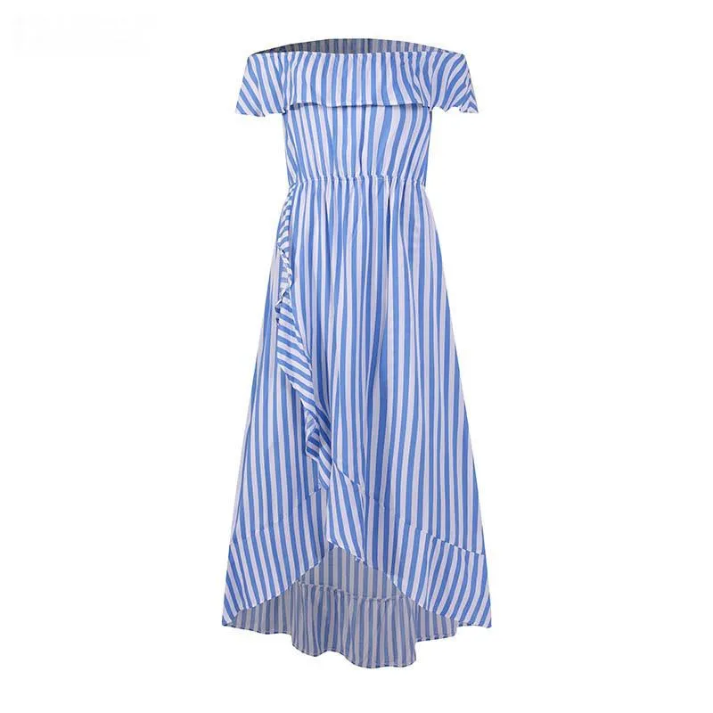 Off The Shoudler Striped Irregular Long Dresses