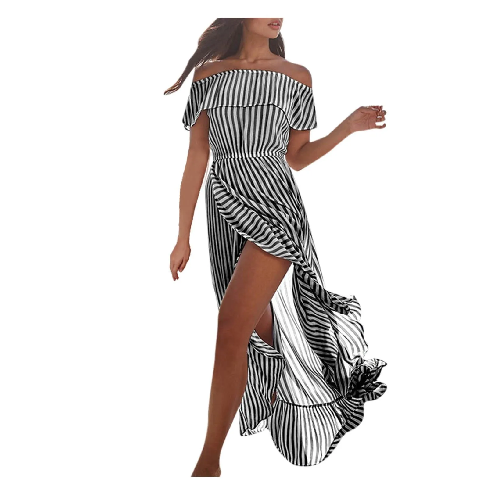 Off The Shoudler Striped Irregular Long Dresses