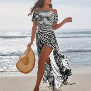 Off The Shoudler Striped Irregular Long Dresses