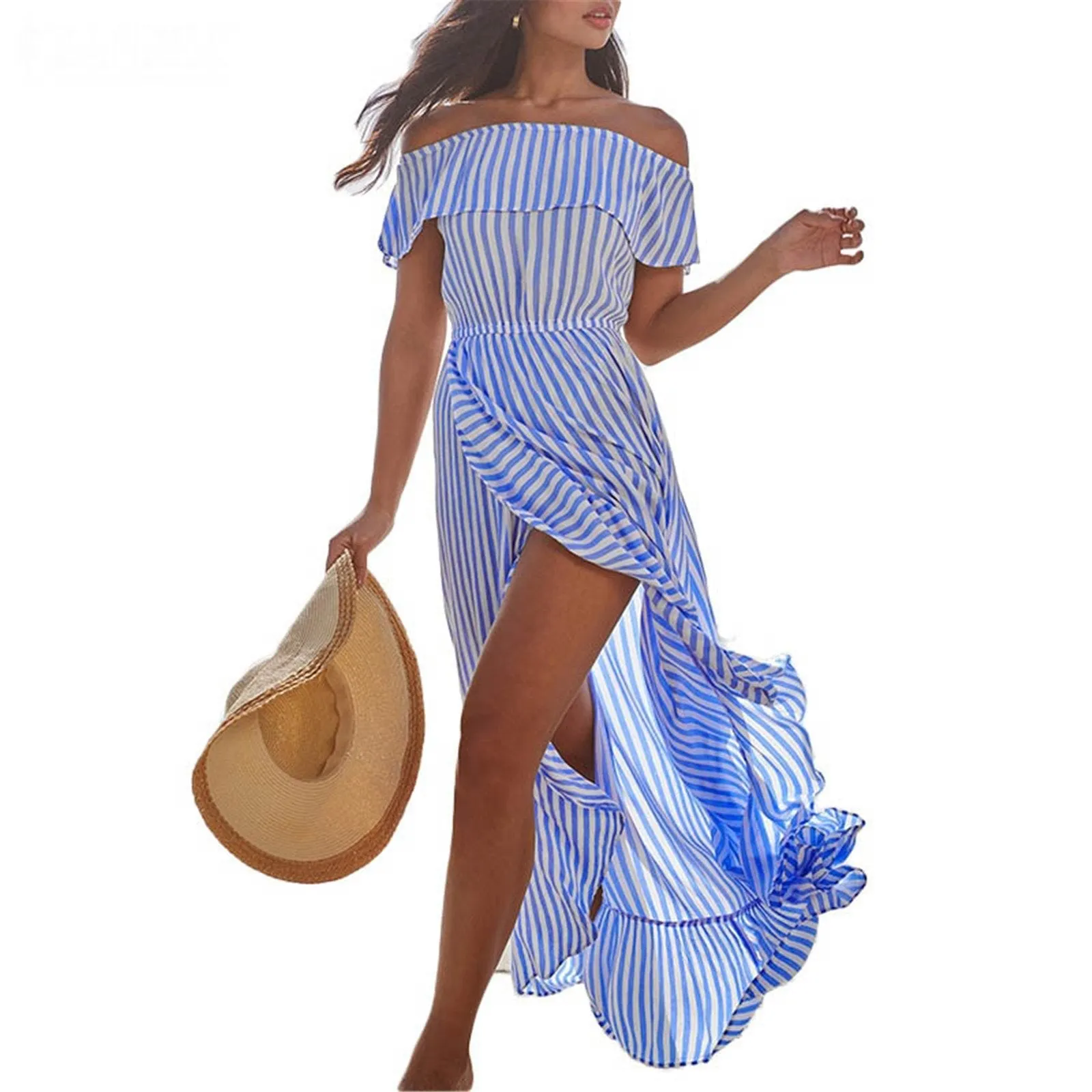 Off The Shoudler Striped Irregular Long Dresses