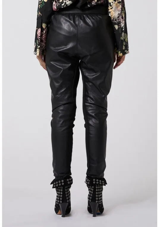 ONCE WAS JANIS STITCH POCKET RELAXED LEATHER PANT WITH WAIST TIE BLACK