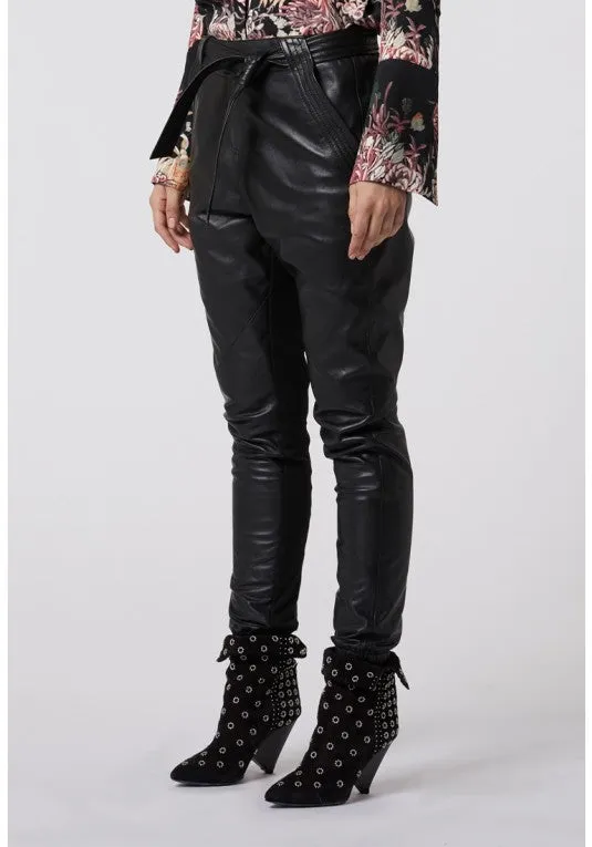 ONCE WAS JANIS STITCH POCKET RELAXED LEATHER PANT WITH WAIST TIE BLACK