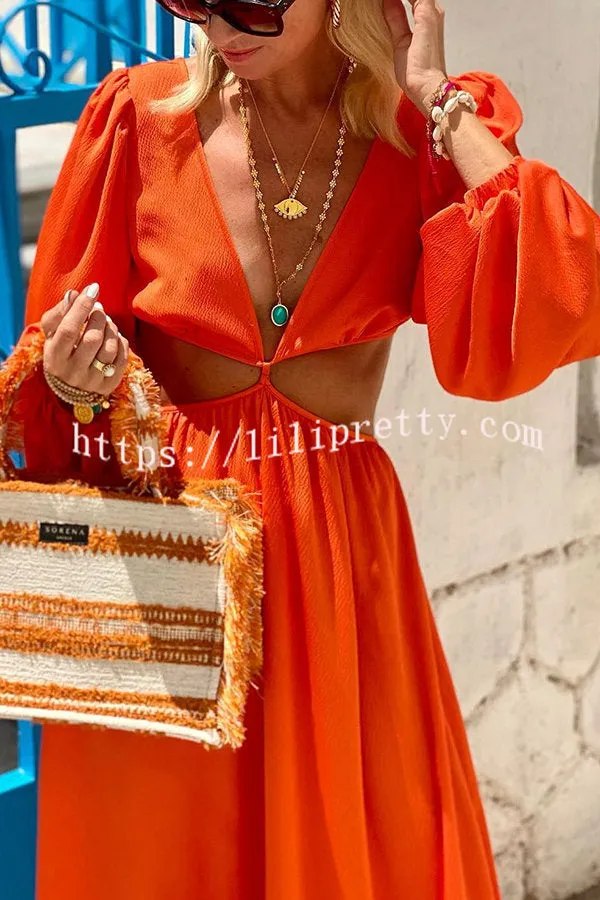 Orange Summer Cut Out Waist Balloon Sleeve Maxi Dress