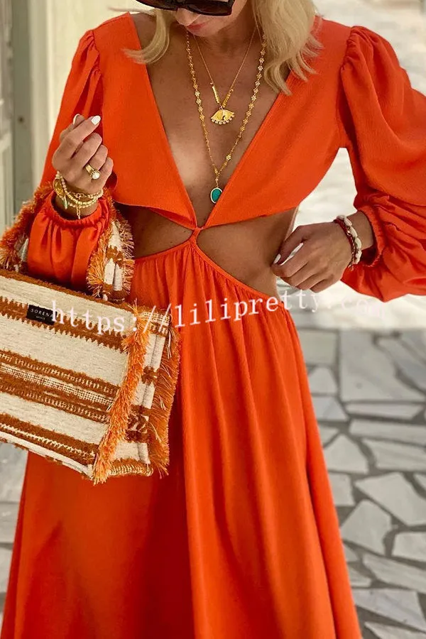 Orange Summer Cut Out Waist Balloon Sleeve Maxi Dress