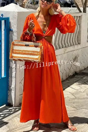 Orange Summer Cut Out Waist Balloon Sleeve Maxi Dress