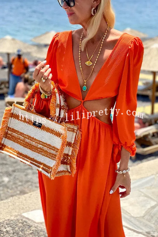 Orange Summer Cut Out Waist Balloon Sleeve Maxi Dress