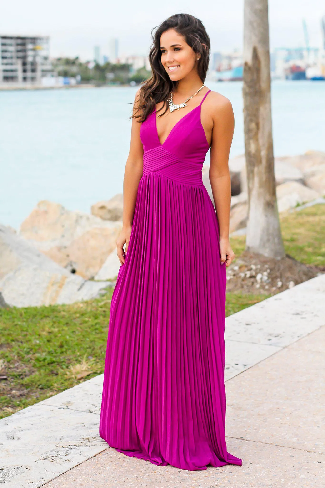 Orchid Pleated Maxi Dress with Criss Cross Back