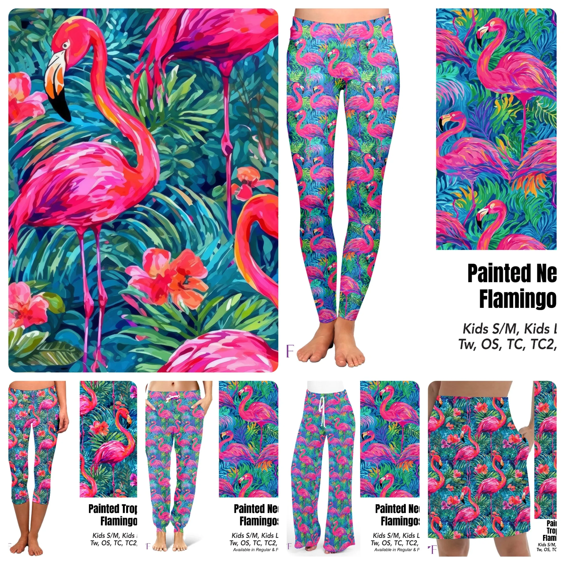 Painted Neon Flamingos leggings, capris, shorts and skorts with pockets