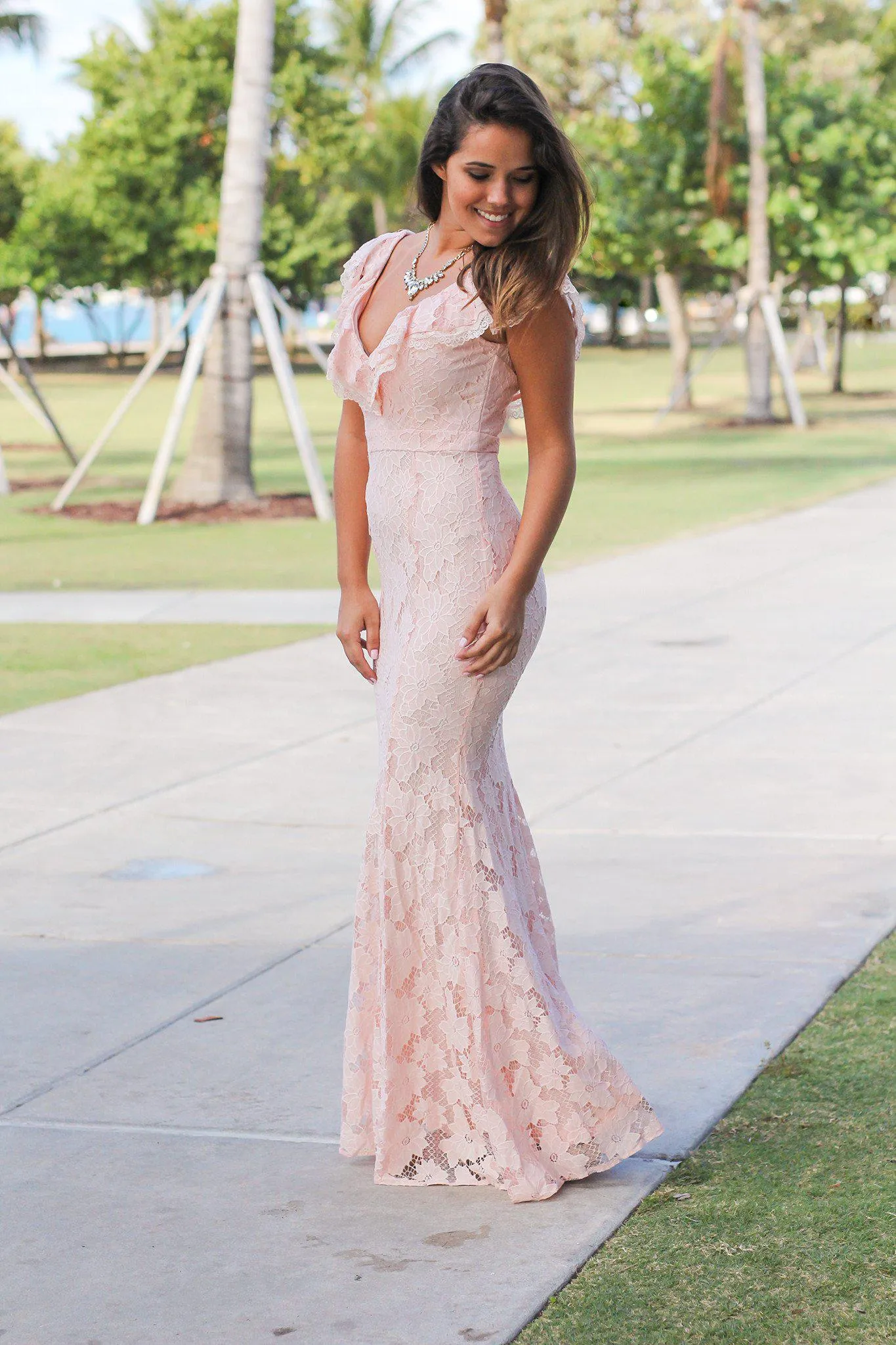 Pink Maxi Dress with Ruffle Top