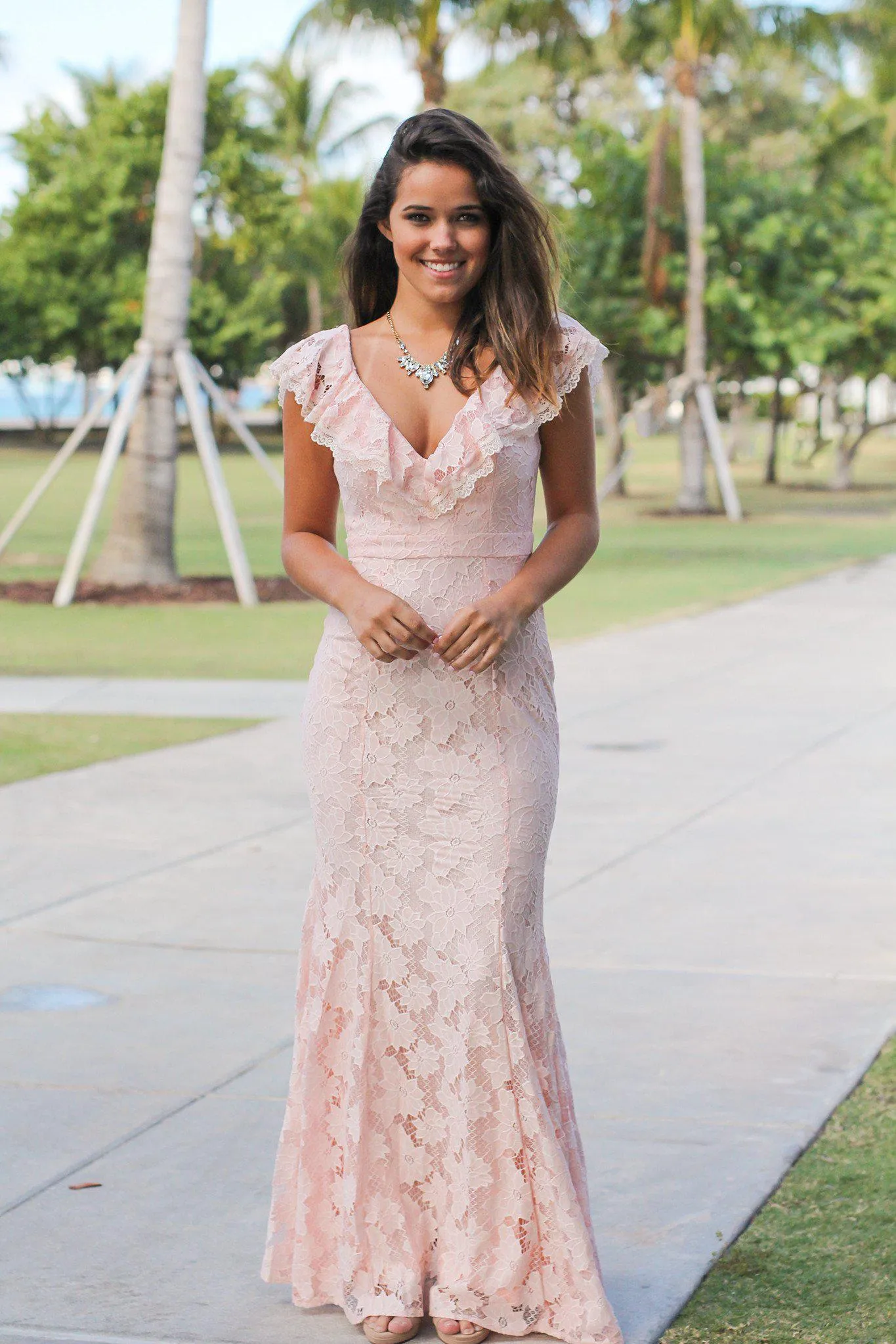 Pink Maxi Dress with Ruffle Top