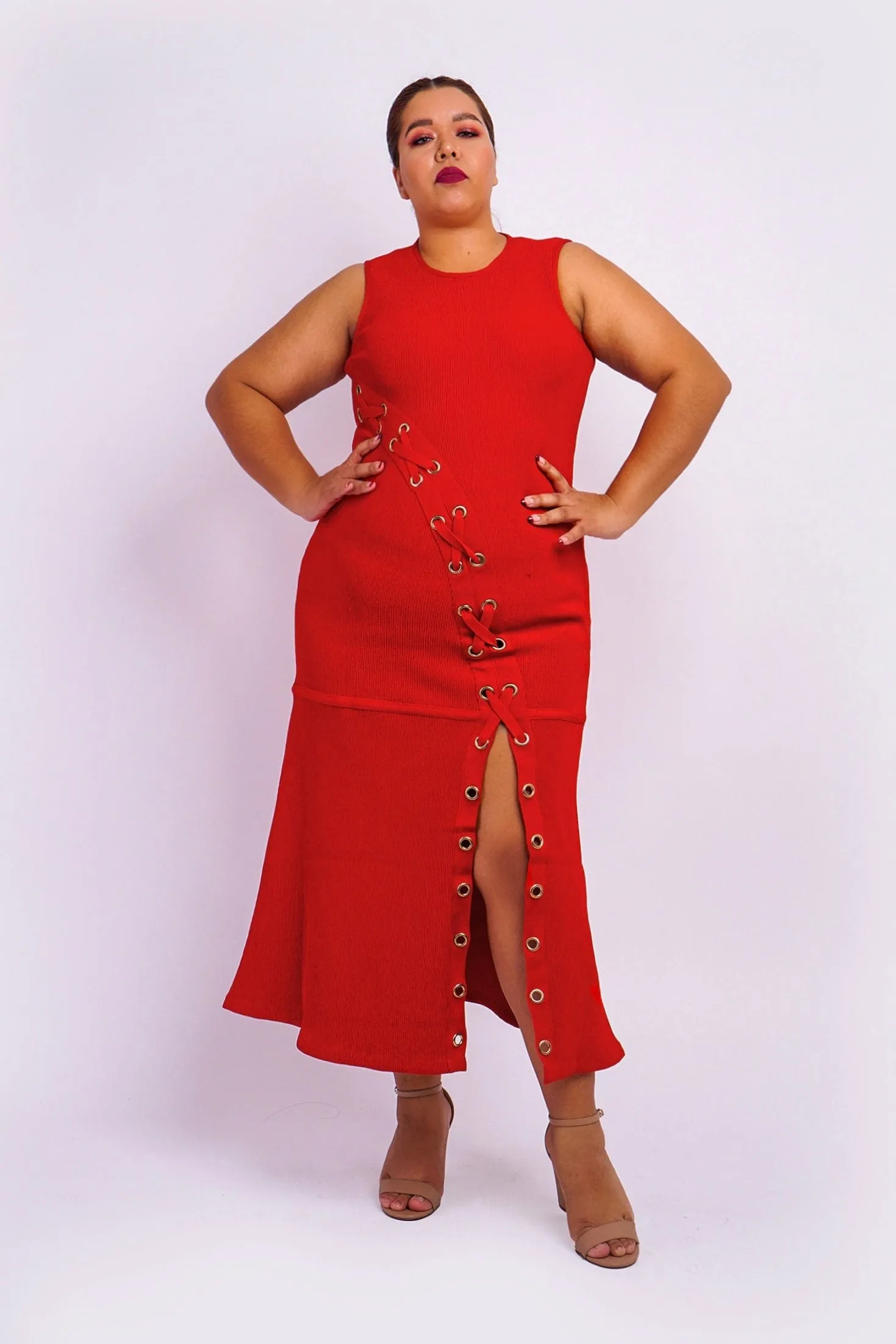 Plus Red Grommet Lace Up Dress Maxi