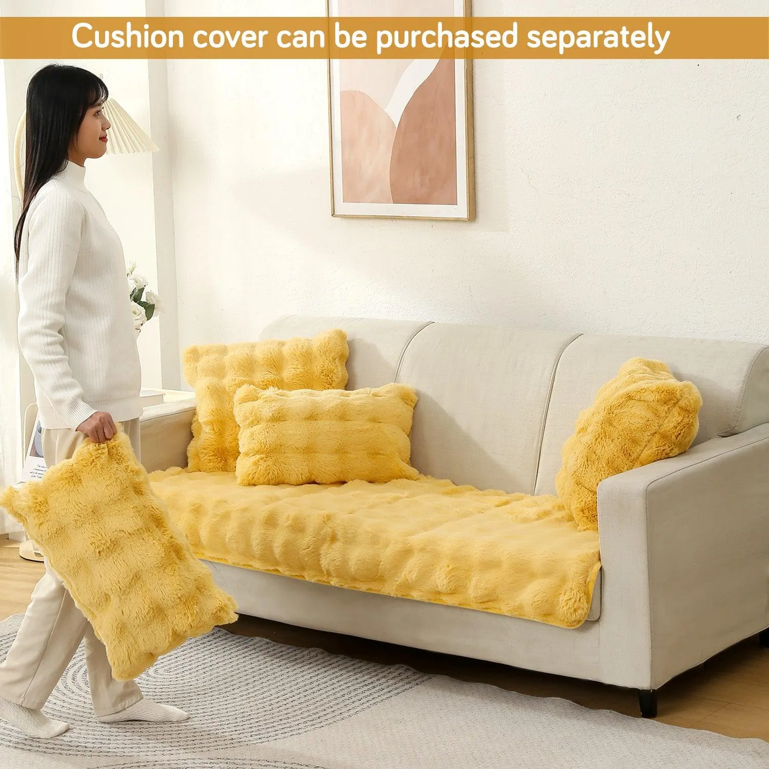 Premium Faux Rabbit Fur Anti Slip Sofa Mat for 1/2/3 Seater, Honey Yellow