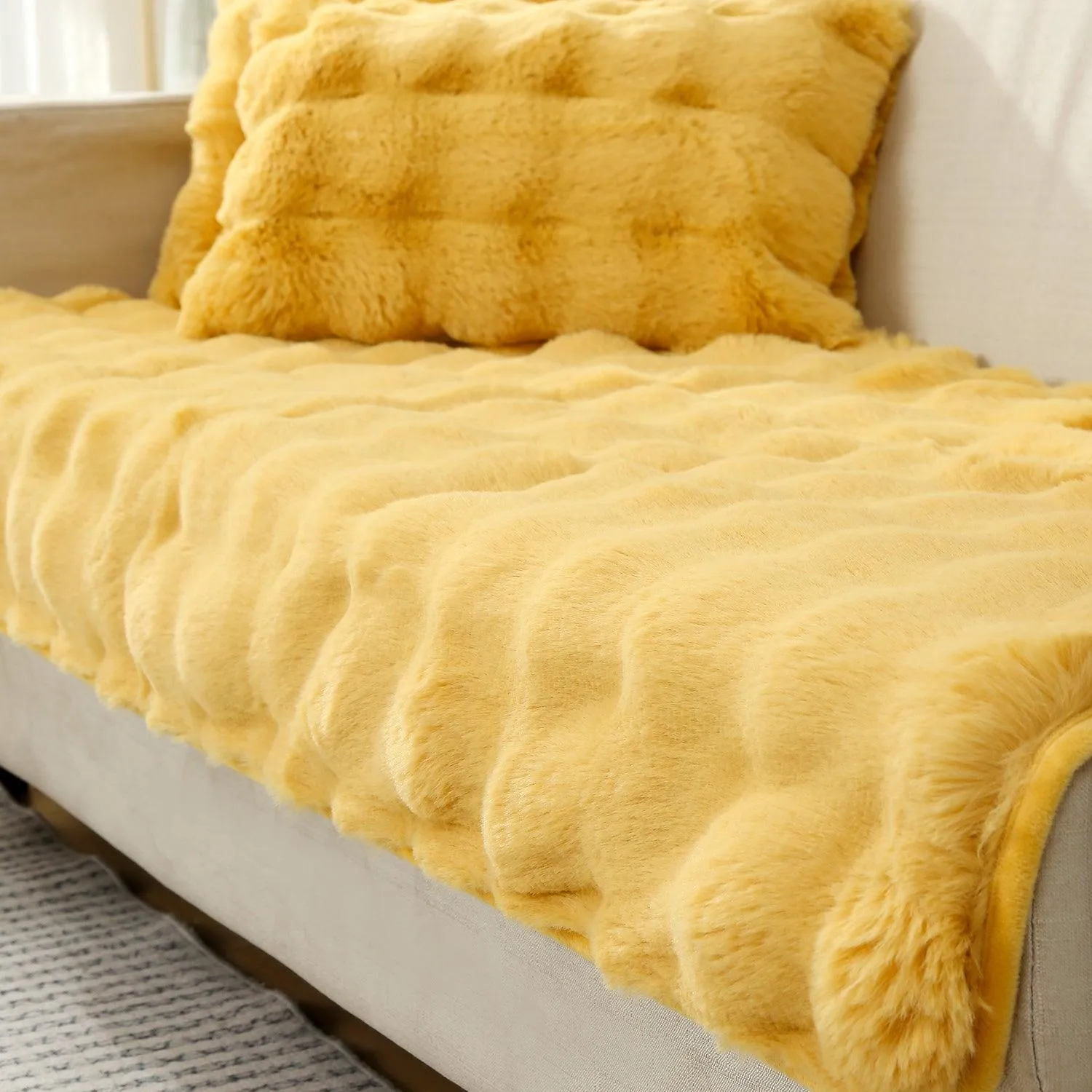 Premium Faux Rabbit Fur Anti Slip Sofa Mat for 1/2/3 Seater, Honey Yellow