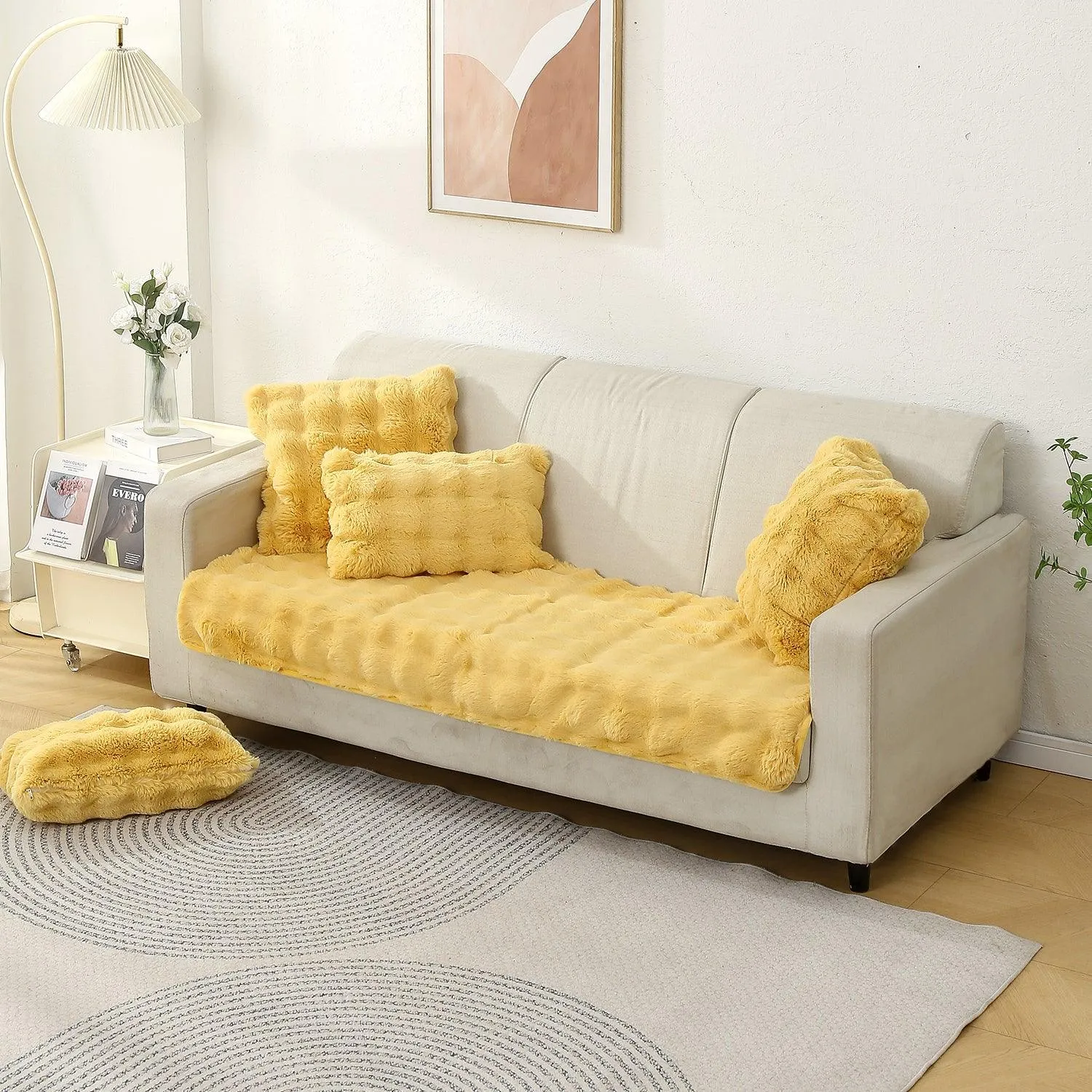 Premium Faux Rabbit Fur Anti Slip Sofa Mat for 1/2/3 Seater, Honey Yellow