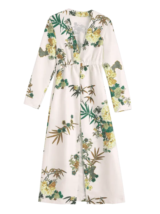 Pretty Floral Long Sleeves Open Front Coverup Dress