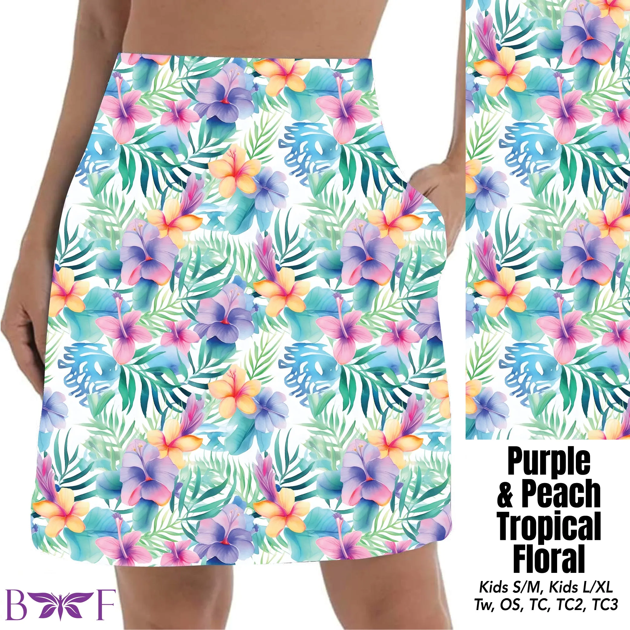 Purple & Peach Tropical Floral capris and biker shorts with pockets