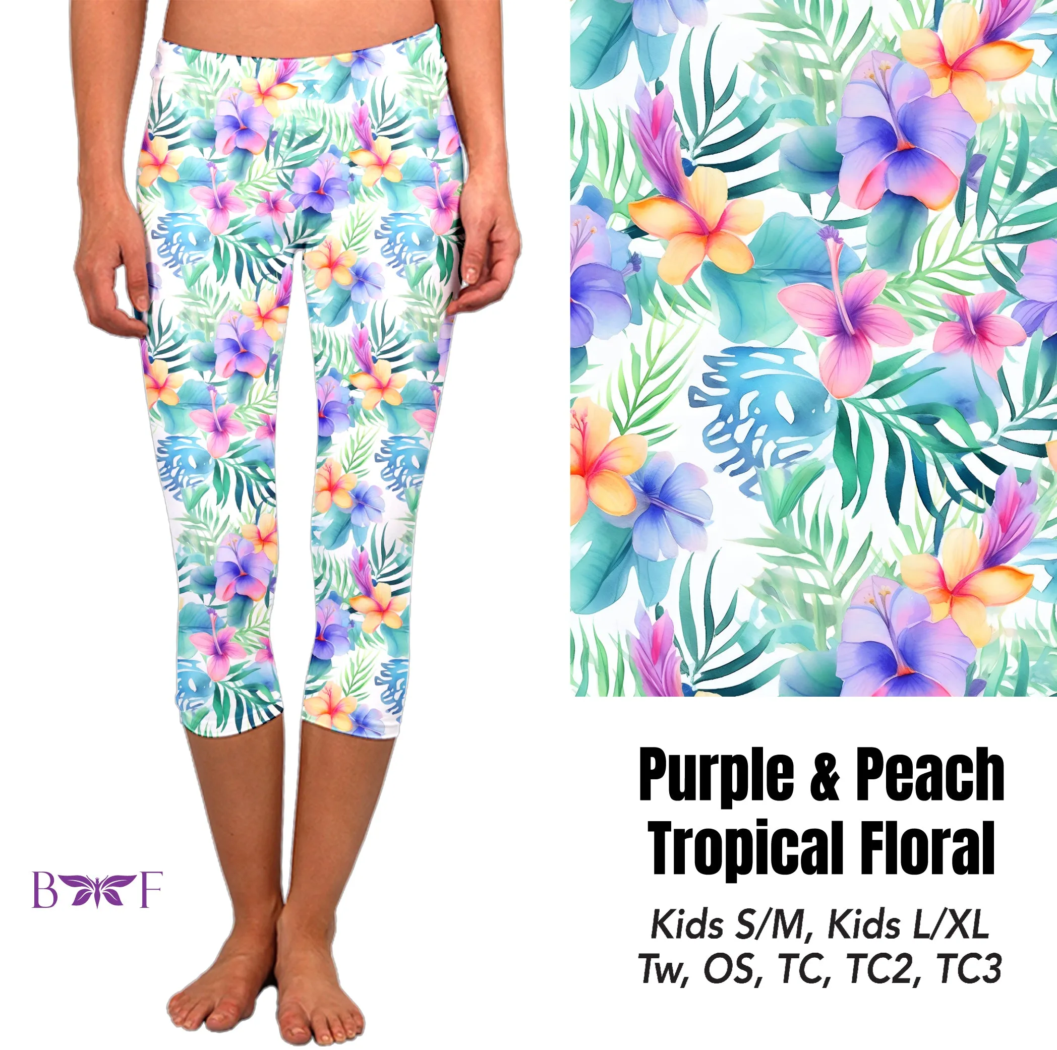 Purple & Peach Tropical Floral capris and biker shorts with pockets