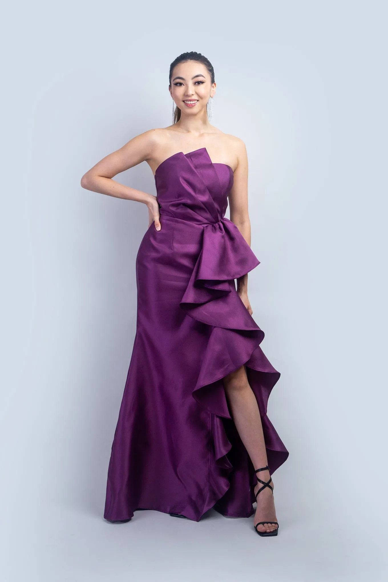 Purple Big Side Ruffle Gown