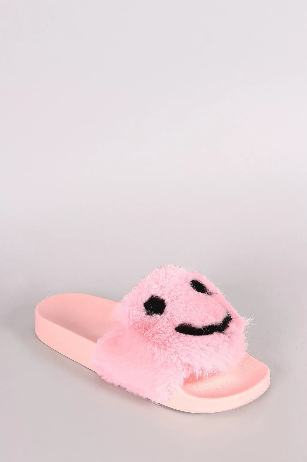 Qupid Faux Fur Smiley Face Open Toe Slide Sandal